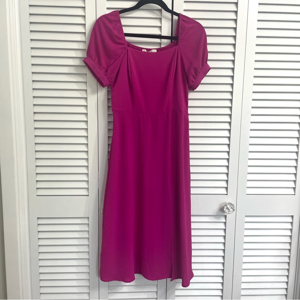 Monteau Hot Pink Dress Size M Puff Sleeve Side Slit Square Neck Coquette
